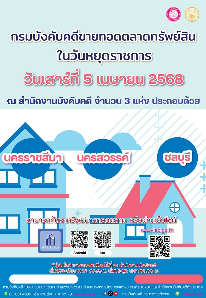 ﻿﻿กรมบังคับคดี ขายทอดตลาดทรัพย์สิน ในวันเสาร์ที่ 5 เมษายน 2568